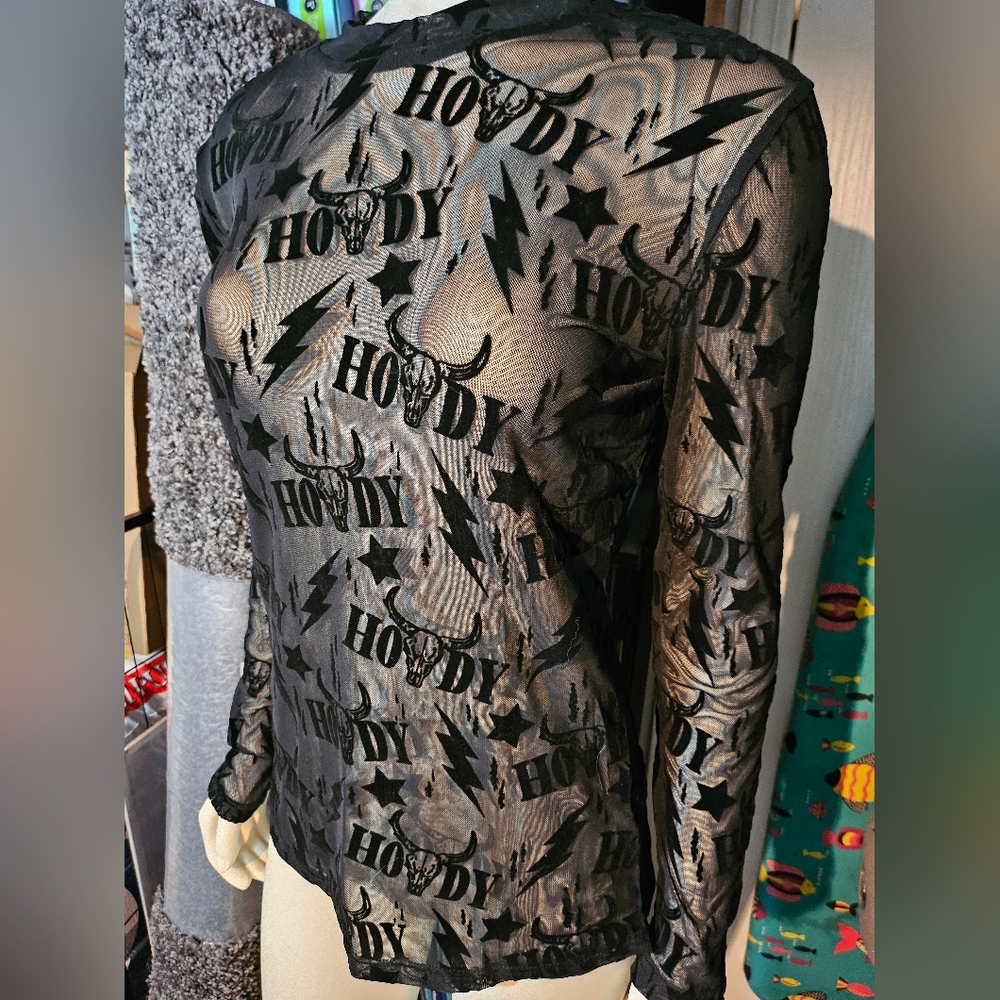 Black Sheer Graphic Long-Sleeve Top - Picture 2 of 3